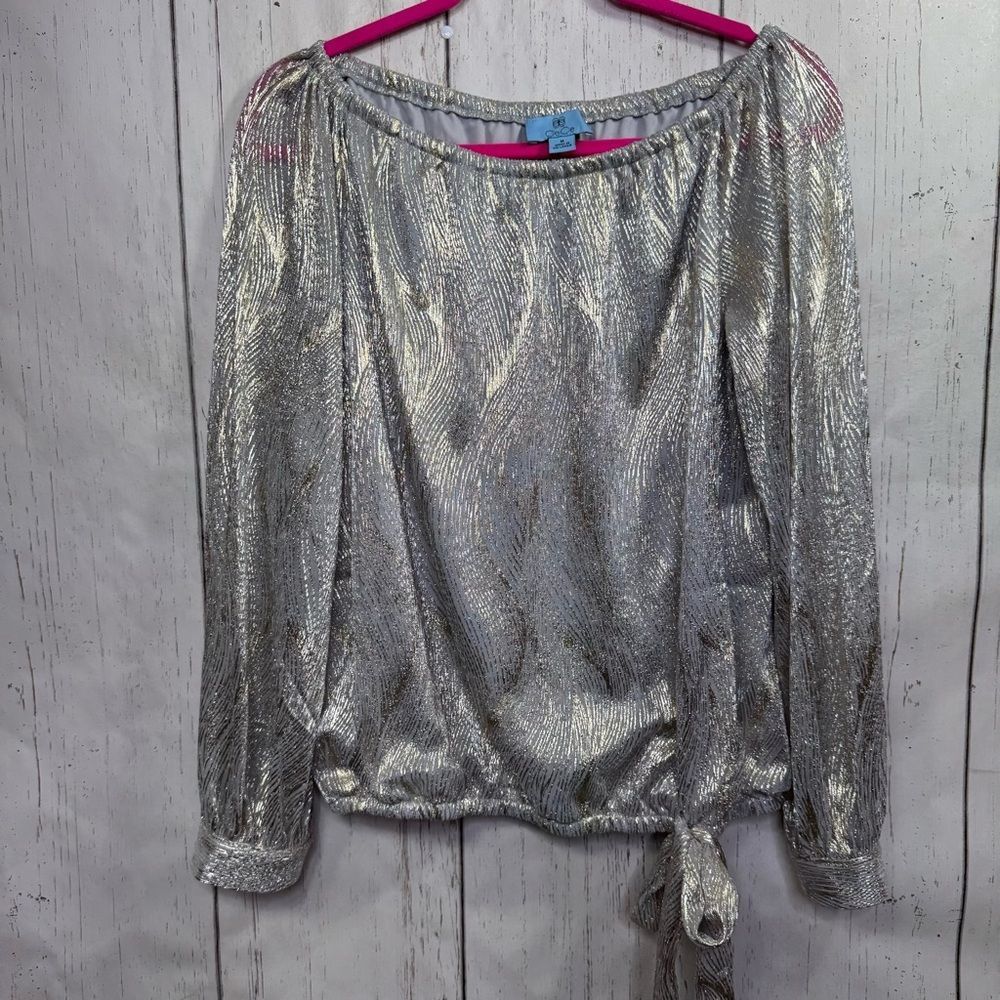 CeCe Silver Metallic Blouse Shimmer Long Sleeve Tie Hem M Holiday Party Glam